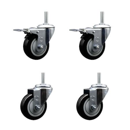 Service Caster 35 Inch Black Polyurethane Swivel 58 Inch Threaded Stem Caster Set 2 Total Lock Brakes SCC-TSTTL20S3514-PPUB-BLK-58212-2-S2